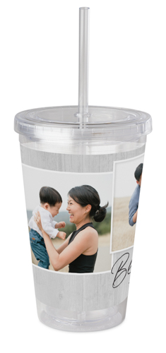 Blessed Weathered Wood Acrylic Tumbler with Straw, 16oz, Gray