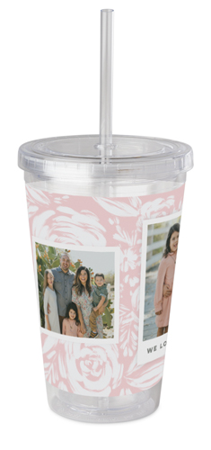 Brushed Floral Acrylic Tumbler with Straw, 16oz, Pink