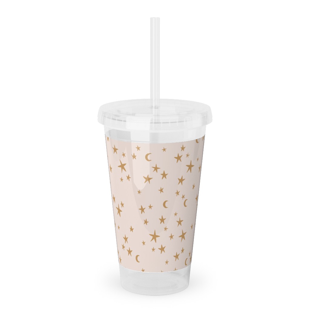 Stars & Moon - Starry Night Universe - Beige and Brown Acrylic Tumbler with Straw, 16oz, Pink