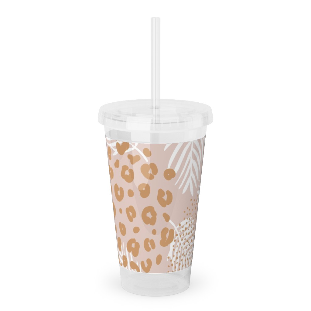 Palm Leaves and Animal Panther Spots - Beige Acrylic Tumbler with Straw, 16oz, Pink