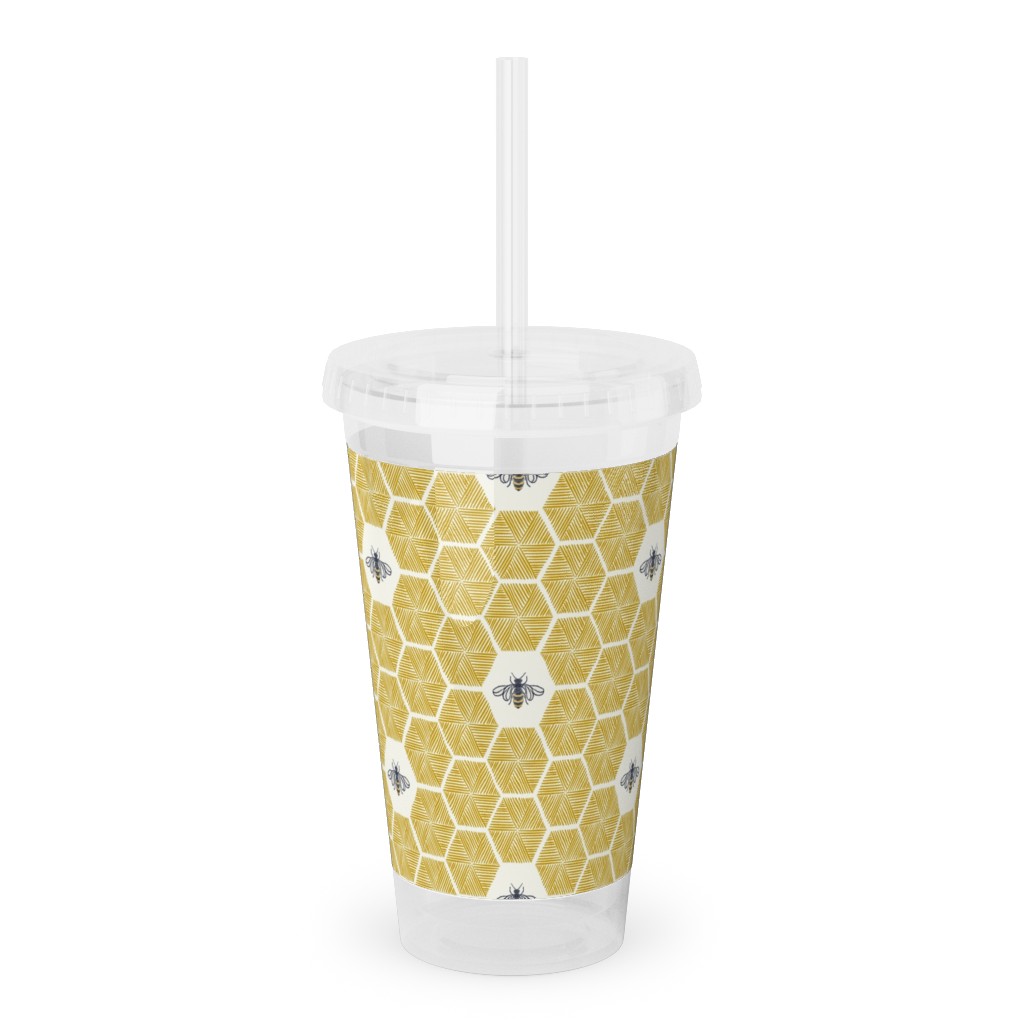 Bees Stitched Honeycomb - Gold Acrylic Tumbler with Straw, 16oz, Yellow