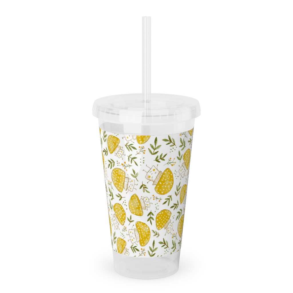 the Happiest Little Mushrooms - Yellow Acrylic Tumbler with Straw, 16oz, Yellow