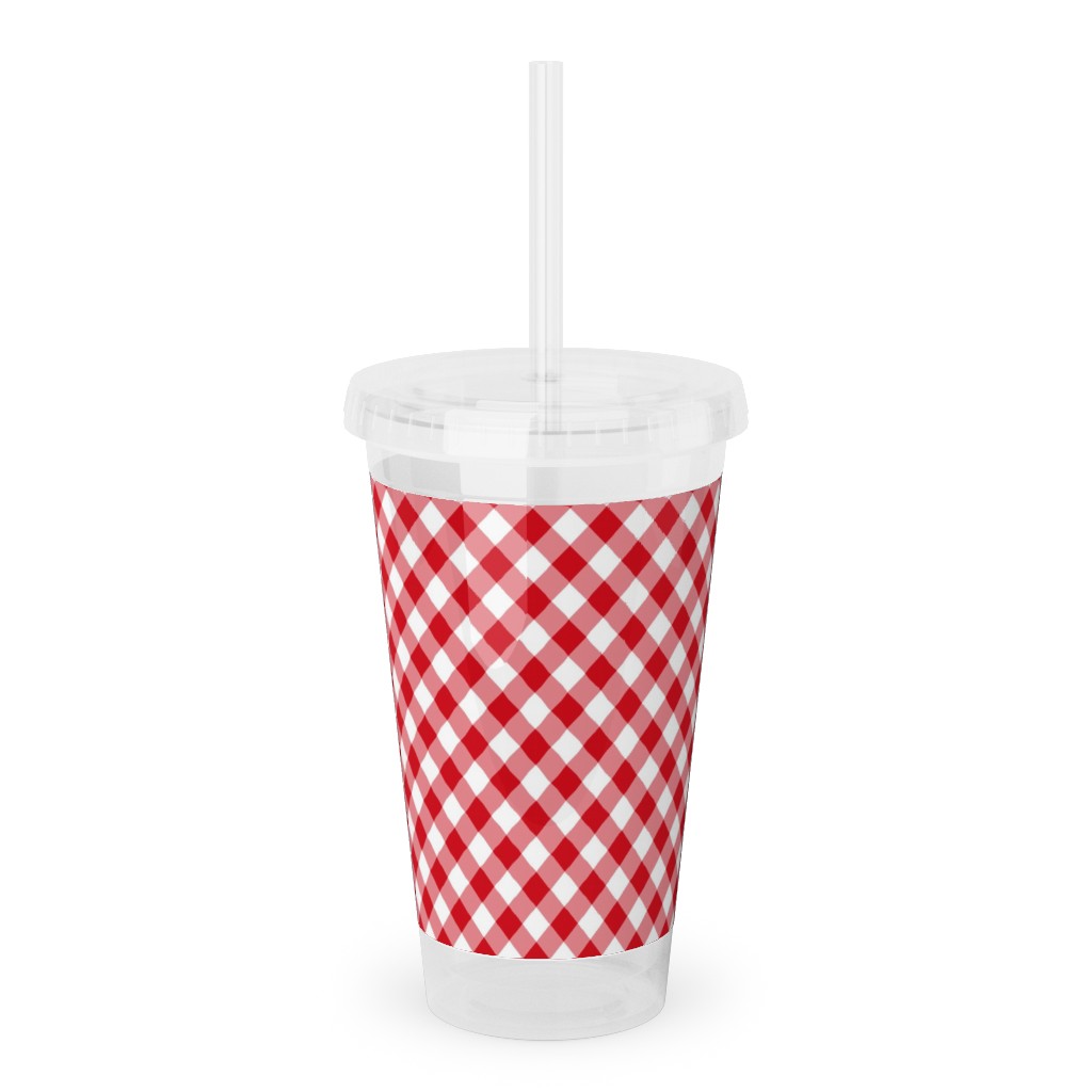 Diagonal Gingham - Red and White Acrylic Tumbler with Straw, 16oz, Red