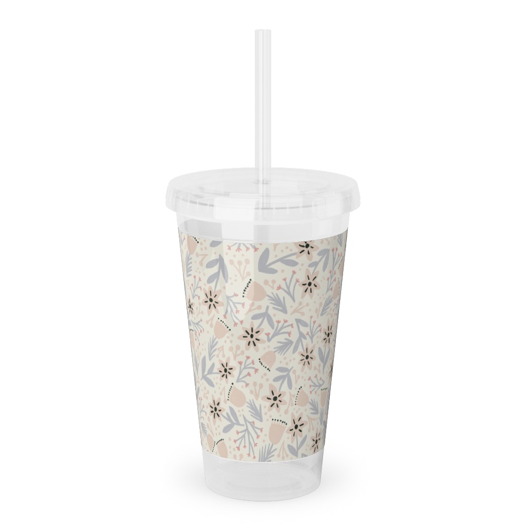 Vintage Flowers - Pastel Pink Acrylic Tumbler with Straw, 16oz, Beige