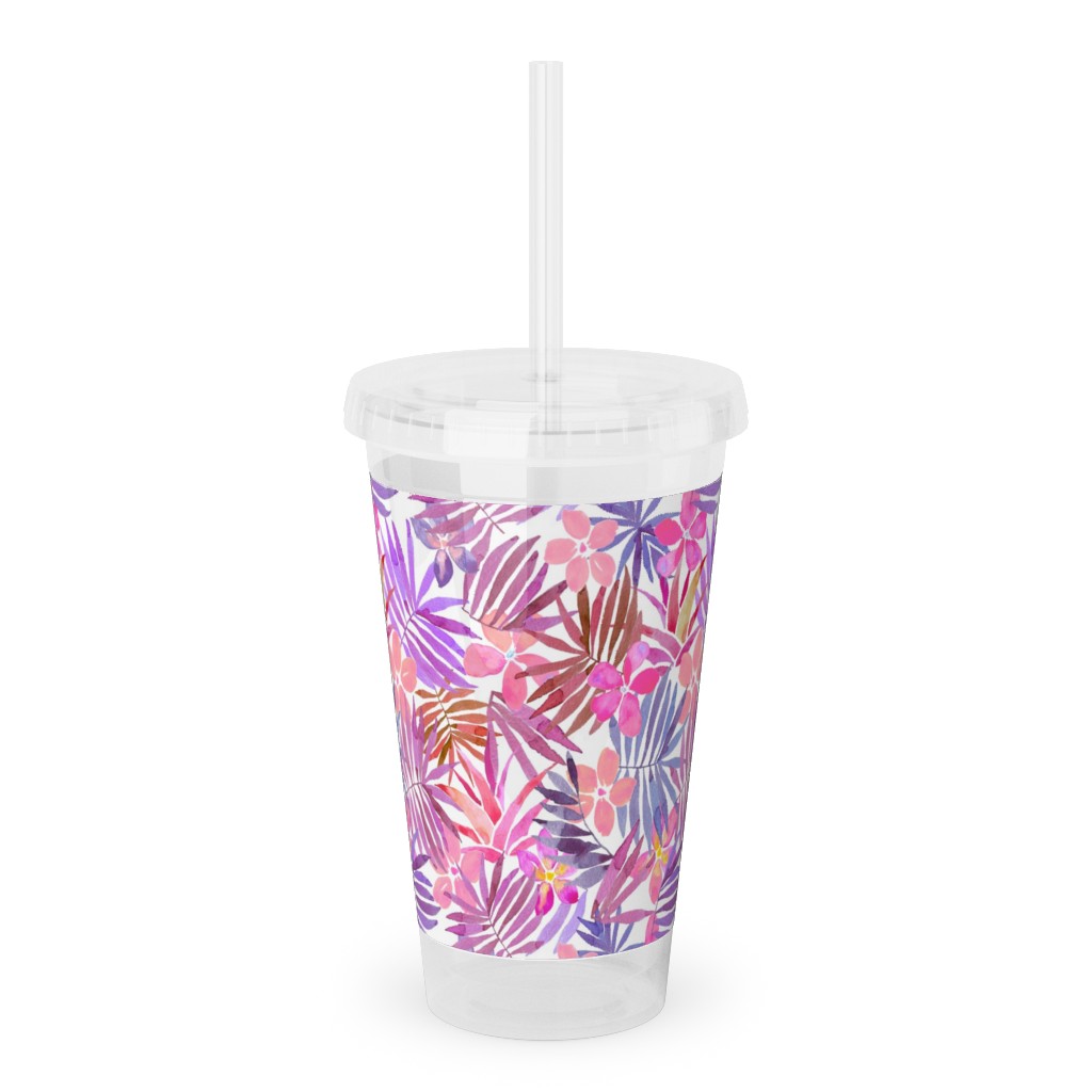 Watercolor Tropical Vibes - Pink Acrylic Tumbler with Straw, 16oz, Pink