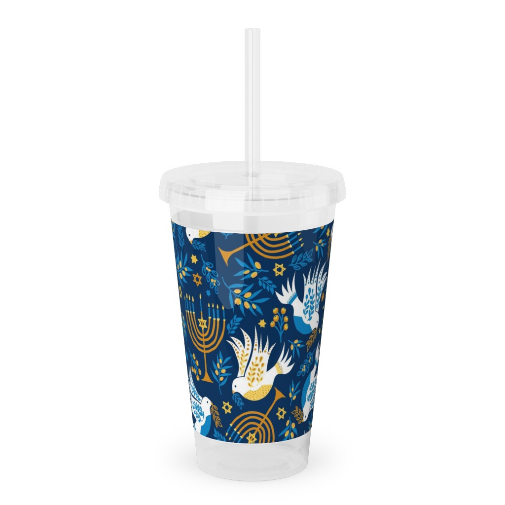 Hanukkah Birds and Menorahs - Dark Blue Acrylic Tumbler with Straw, 16oz, Blue