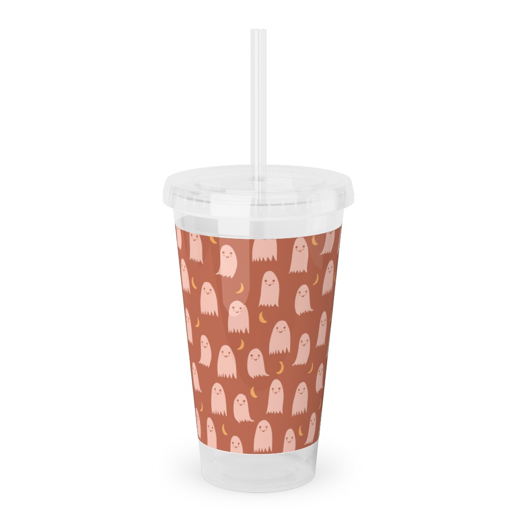 Cute Halloween Ghosts Acrylic Tumbler with Straw, 16oz, Pink
