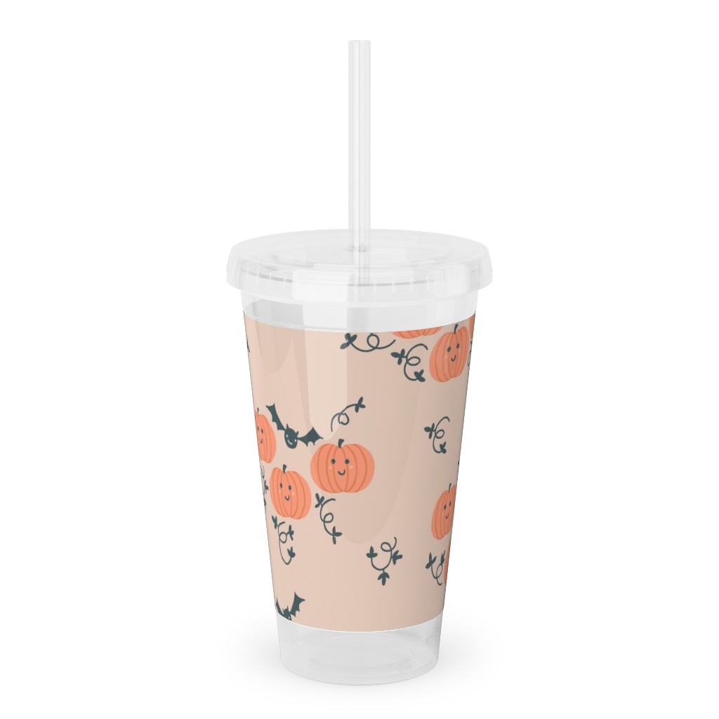 Cute Pumpkins and Bats - Orange and Black Acrylic Tumbler with Straw, 16oz, Orange