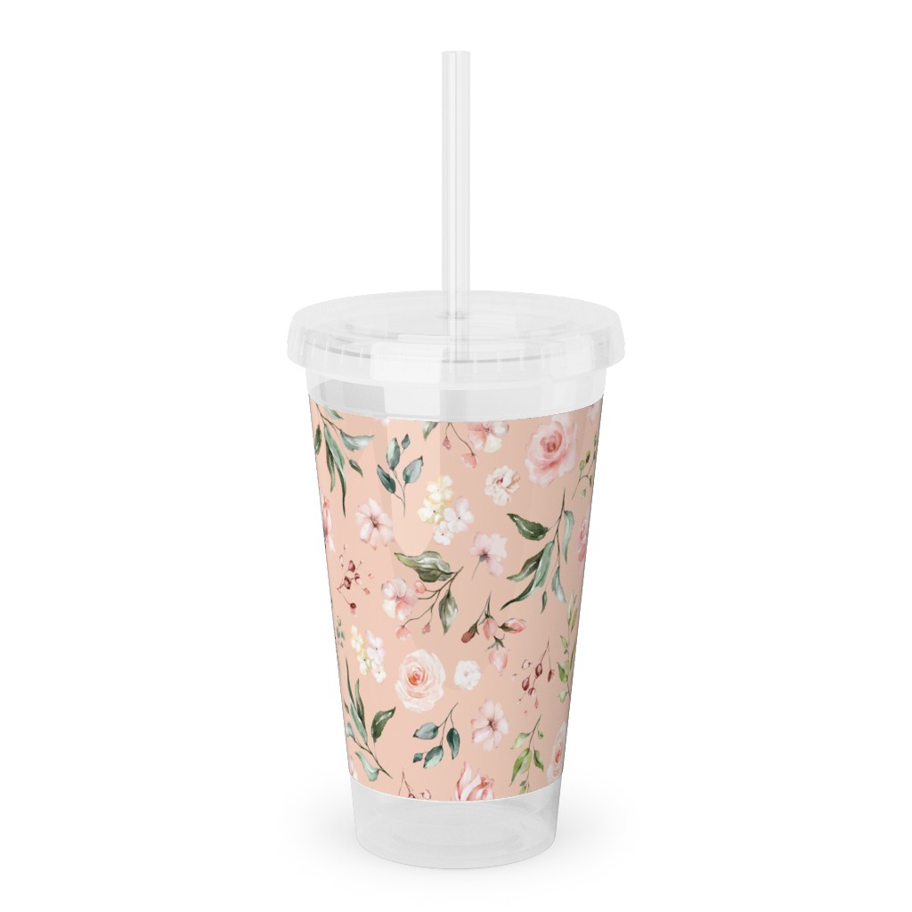 Celestial Rose Floral - Blush Acrylic Tumbler with Straw, 16oz, Pink