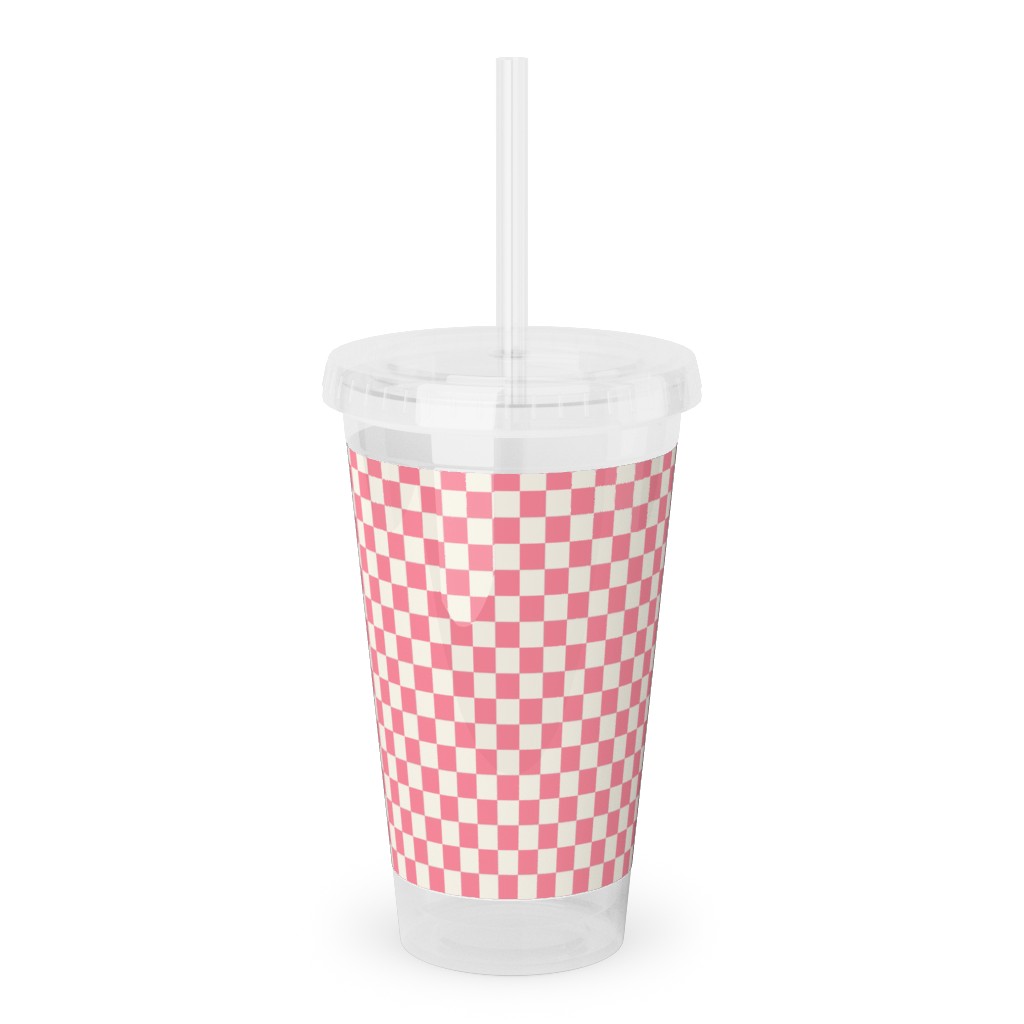 Checkered - Pink Acrylic Tumbler with Straw, 16oz, Pink