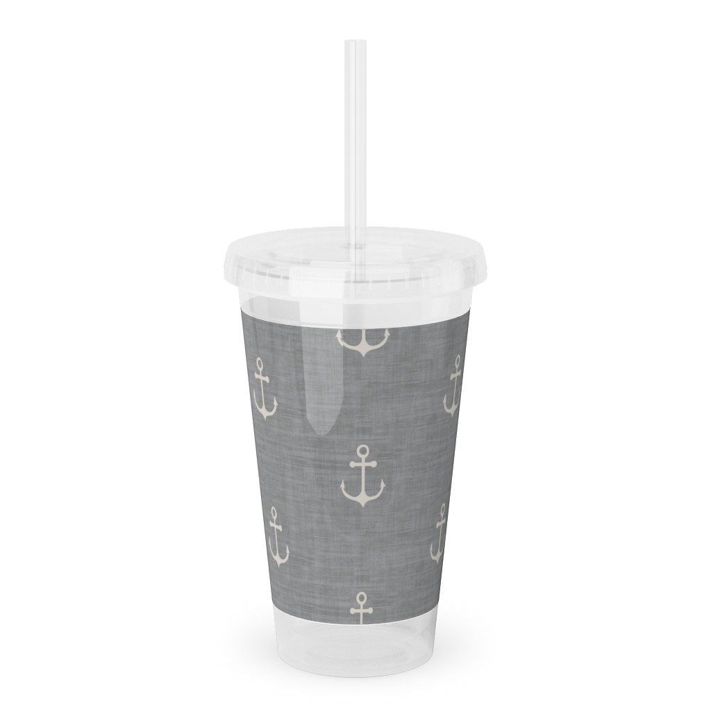 Anchor - Ivory on Light Grey Texture Acrylic Tumbler with Straw, 16oz, Gray