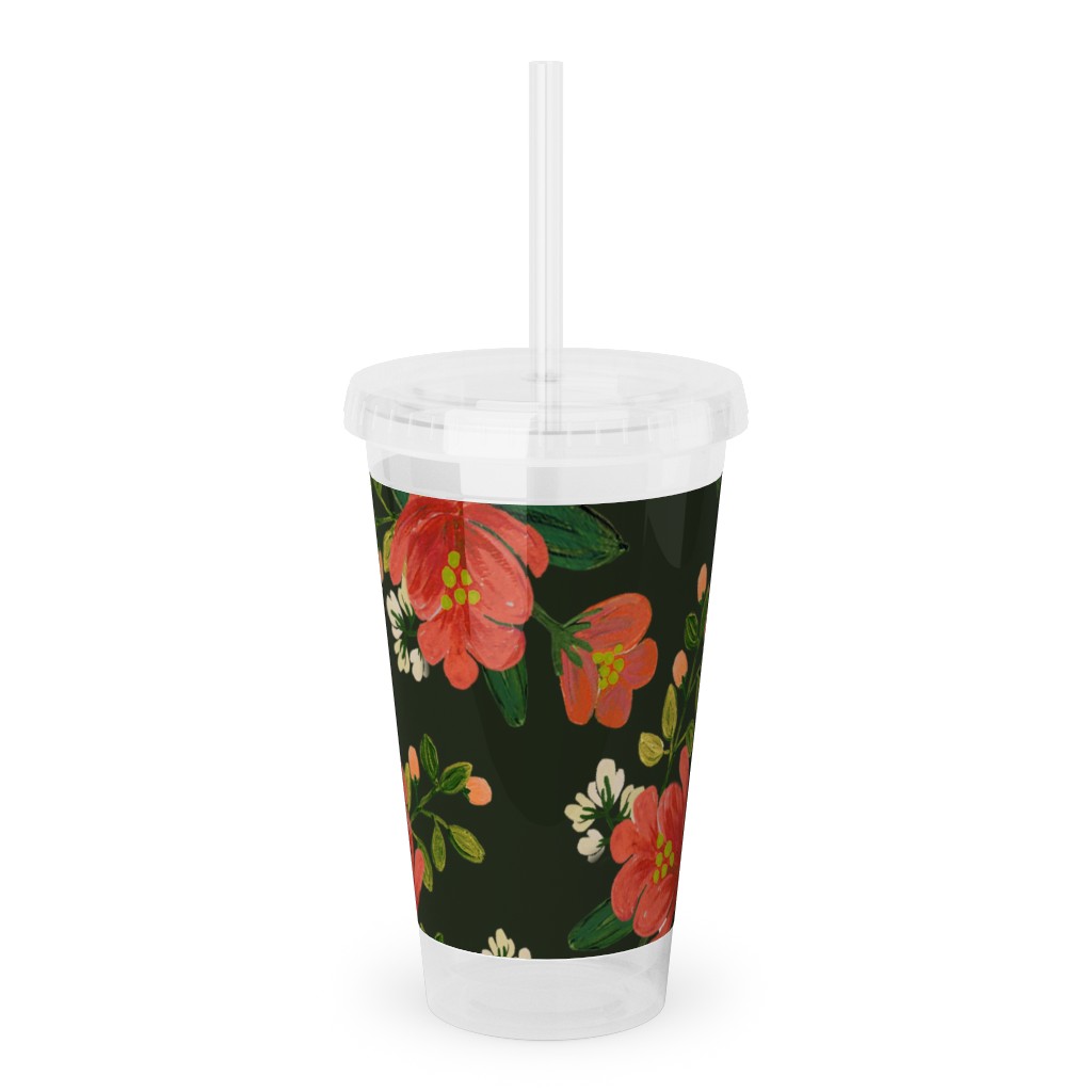 Holiday Floral Acrylic Tumbler with Straw, 16oz, Green