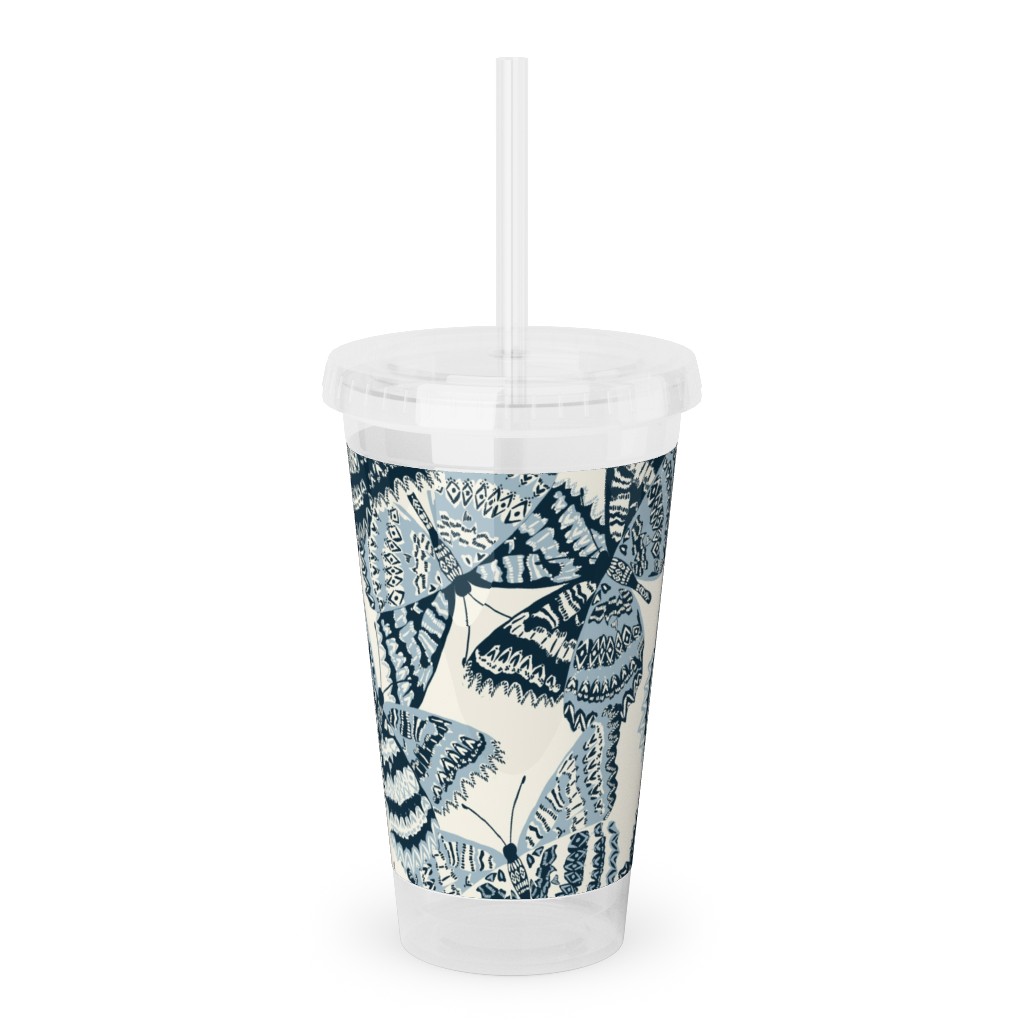 Butterfly - Hand Drawn - Blue Acrylic Tumbler with Straw, 16oz, Blue