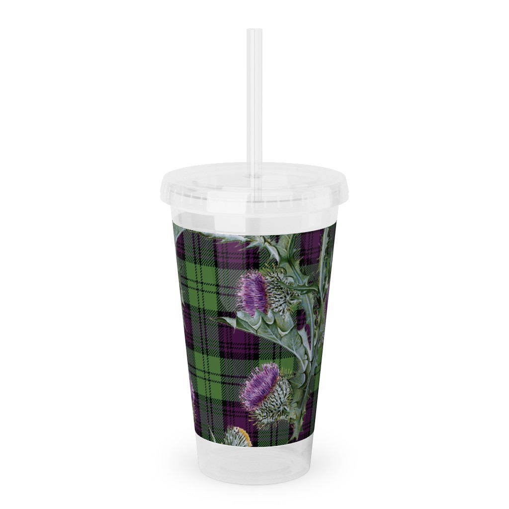 Feochadan Tartan - Green and Purple Acrylic Tumbler with Straw, 16oz, Green