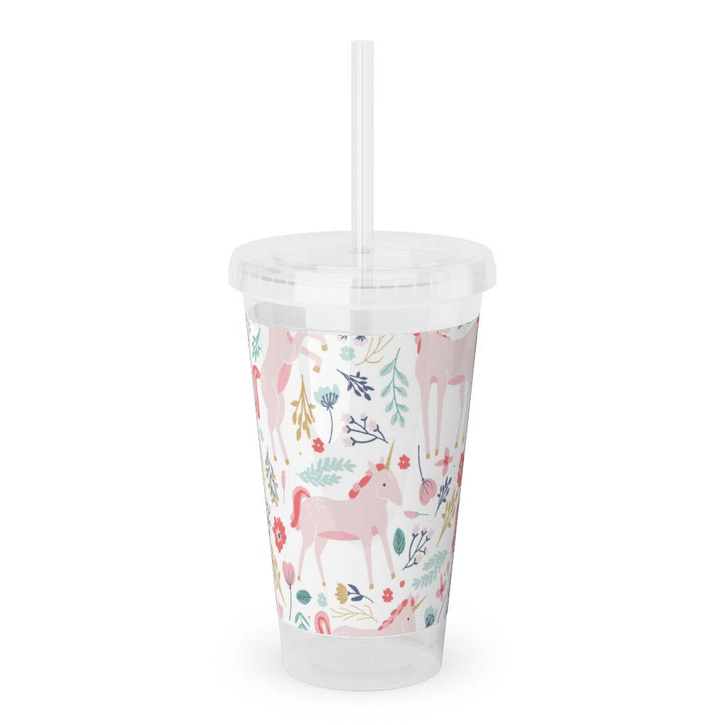 Unicorn Fields Acrylic Tumbler with Straw, 16oz, Pink