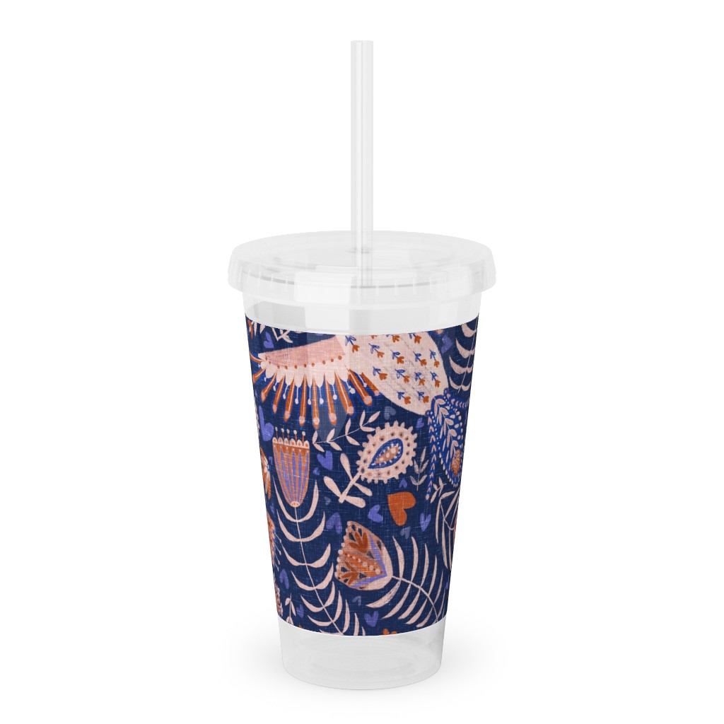 Swedish Folk Art Birds Blue Acrylic Tumbler With Straw Shutterfly