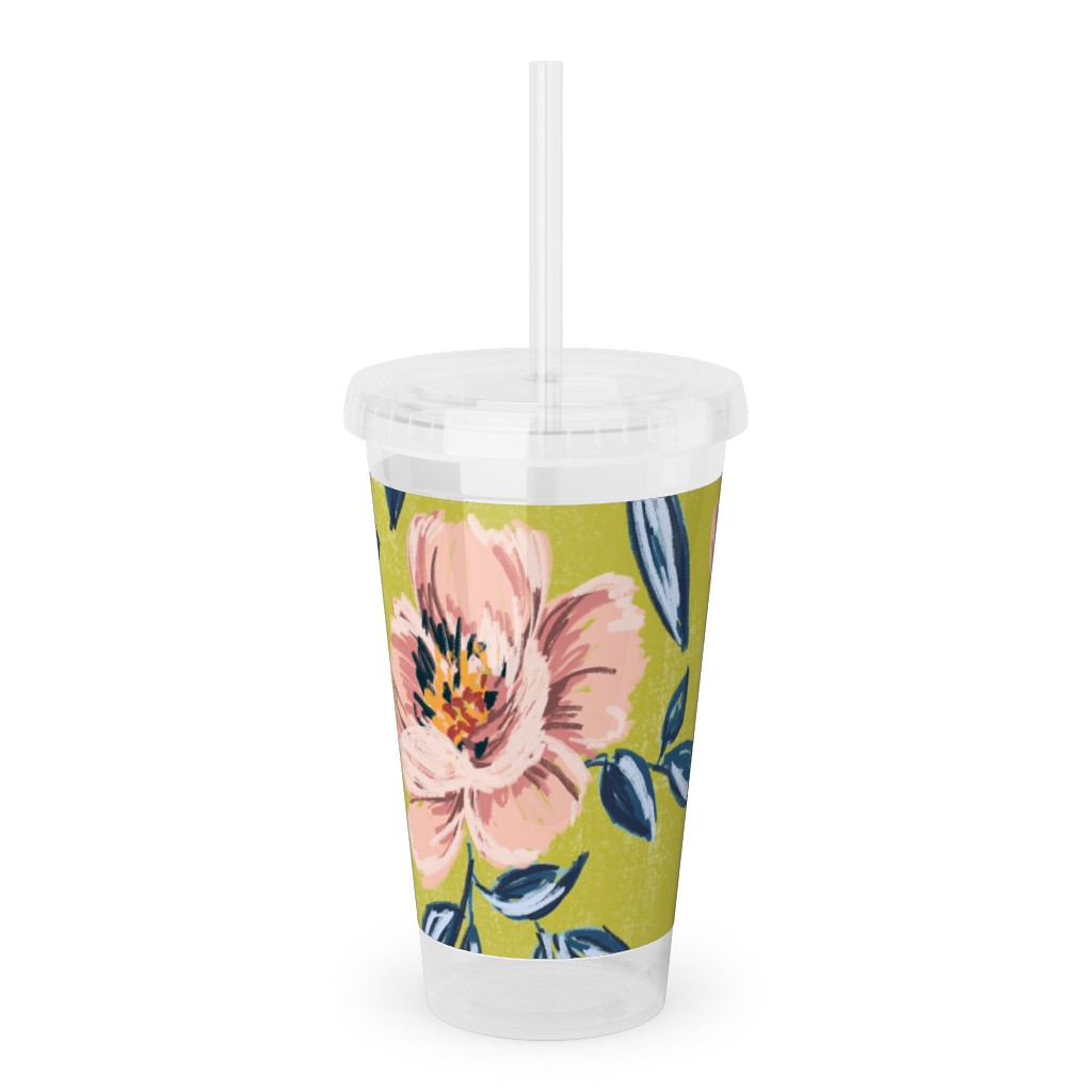 Pink Peonies Acrylic Tumbler with Straw, 16oz, Green