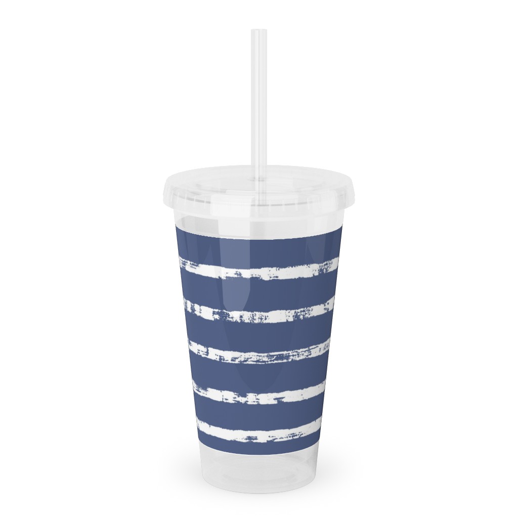 Distressed Dusty Blue and White Stripes Acrylic Tumbler with Straw, 16oz, Blue