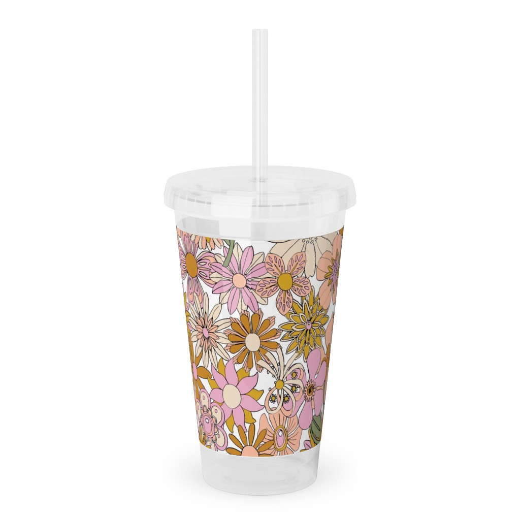Chelsea Vintage Floral Garden - Pink Acrylic Tumbler with Straw, 16oz, Pink