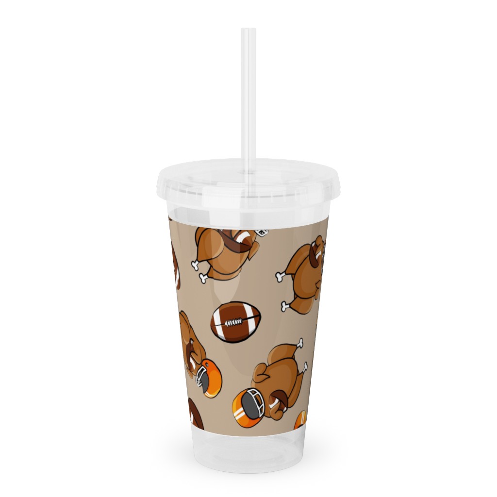 Football Turkey With Helmet and Football - Orange on Tan Acrylic Tumbler with Straw, 16oz, Beige