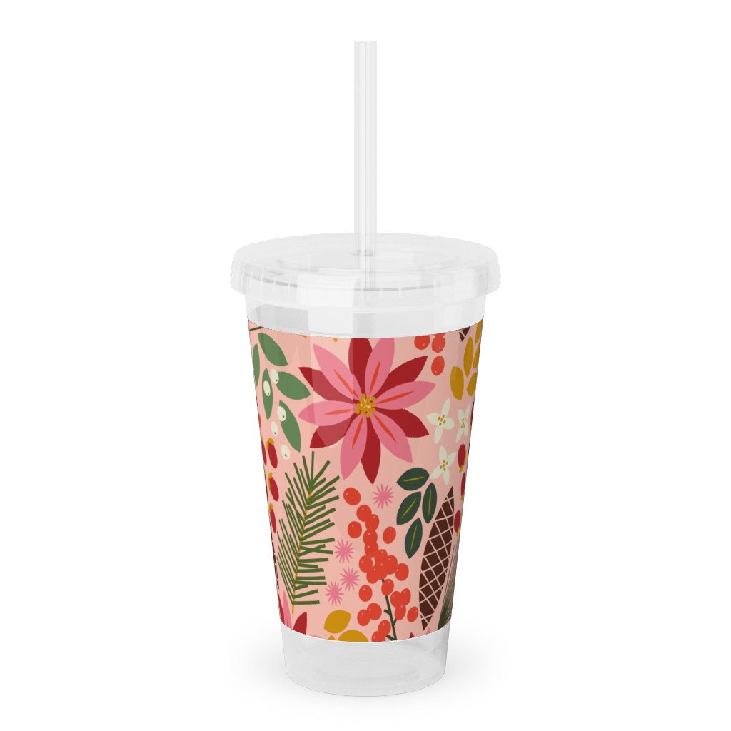 Pinecones and Berries - Pink Acrylic Tumbler with Straw, 16oz, Pink