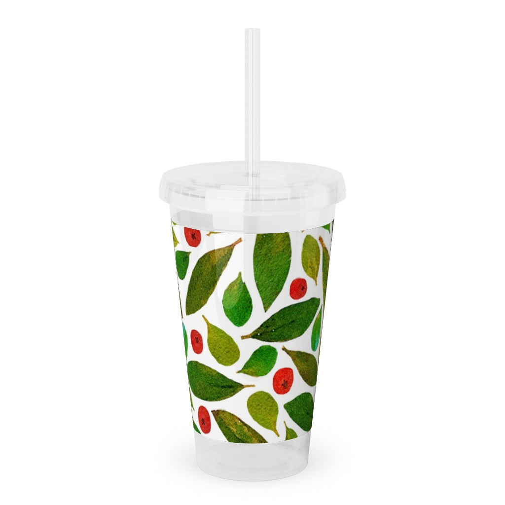Holiday Greens and Berries Acrylic Tumbler with Straw, 16oz, Green