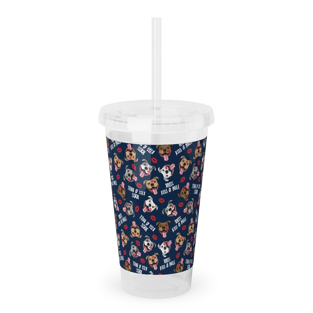 100% Kiss a Bull - Cute Pit Bull Dog - Red and Blue Acrylic Tumbler with Straw, 16oz, Blue