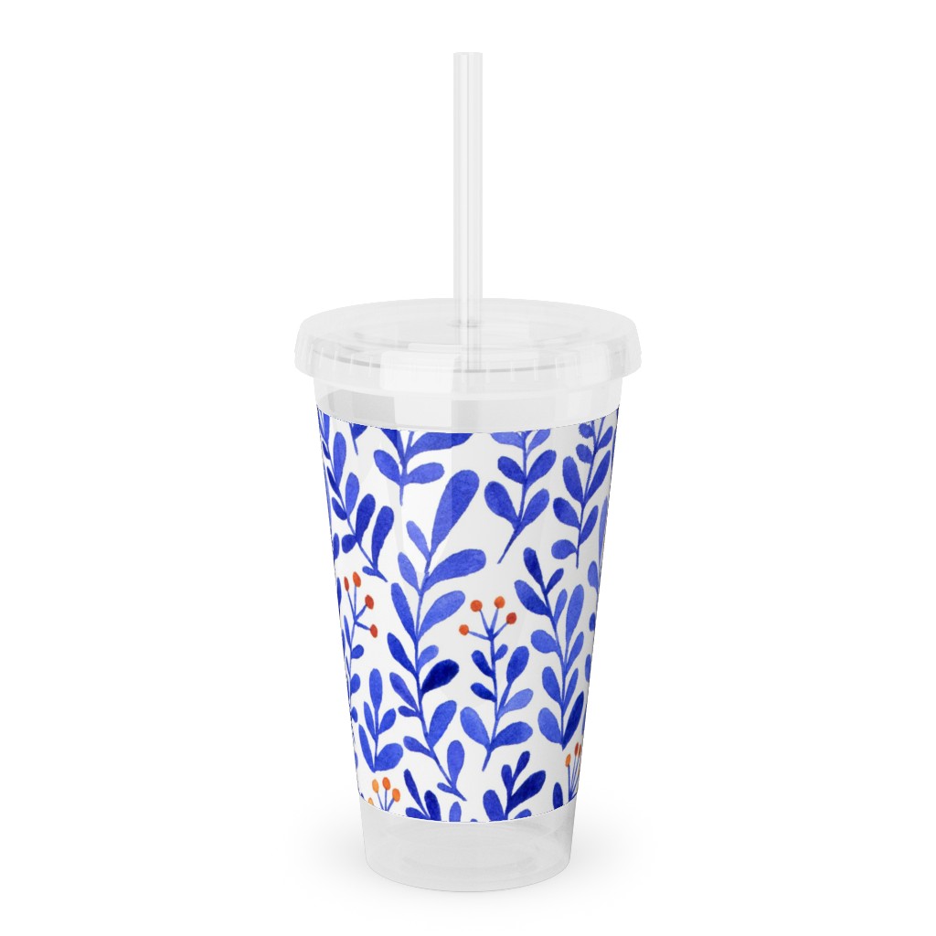 Leaves - Blue Acrylic Tumbler with Straw, 16oz, Blue