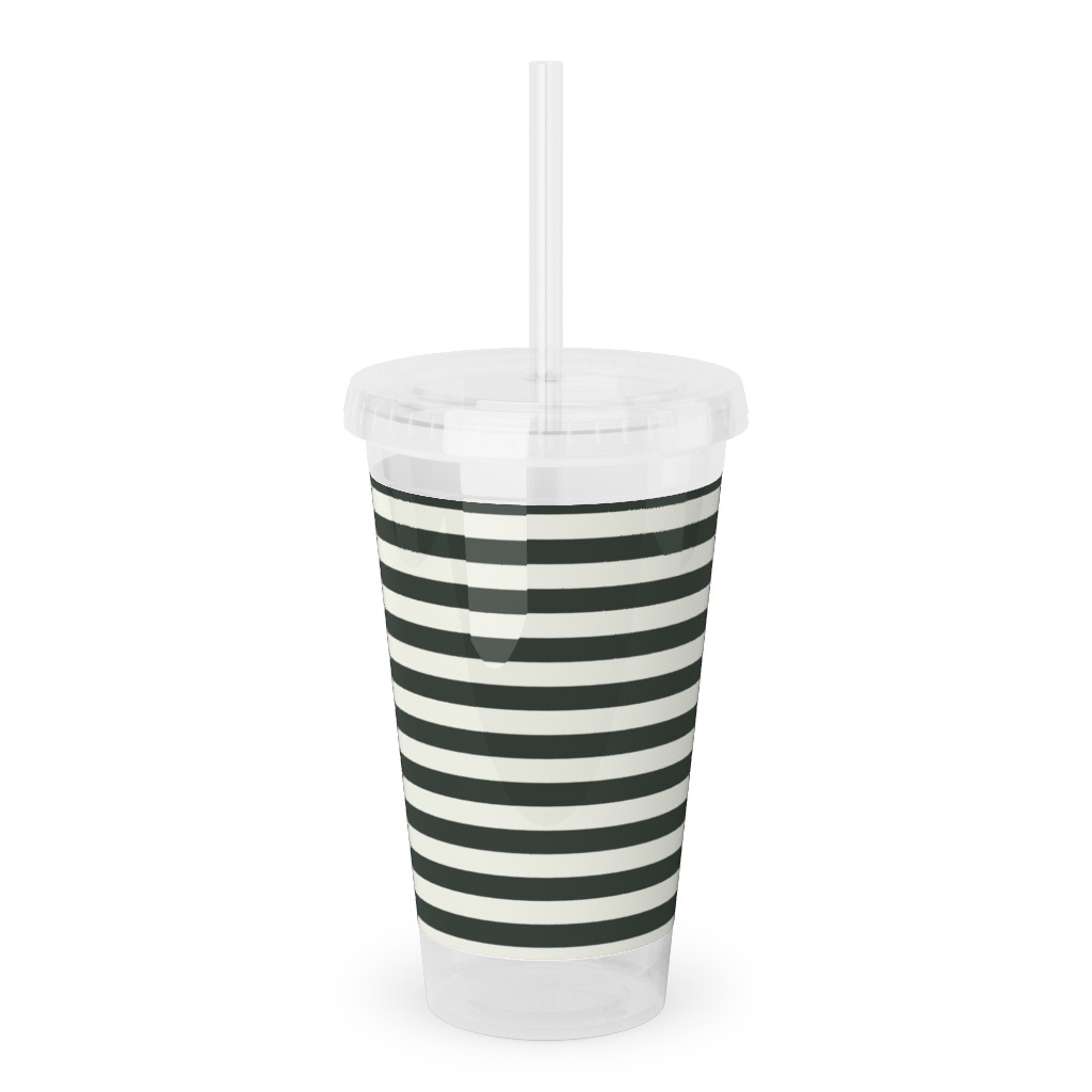 Stripe - Black and Cream Acrylic Tumbler with Straw, 16oz, Black