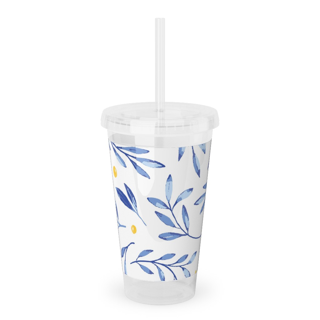 Blue Leaves With Berries Acrylic Tumbler with Straw, 16oz, Blue