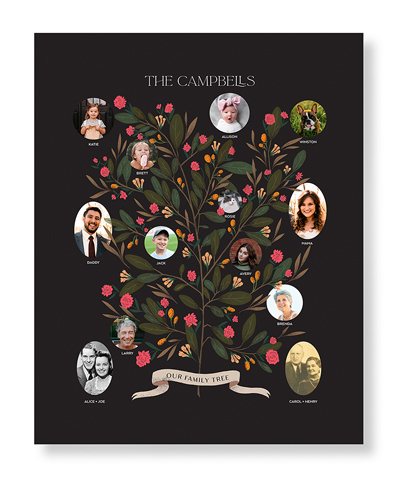 Blooming Family Tree Art Print, No Frame, Signature Card Stock, 16x20black