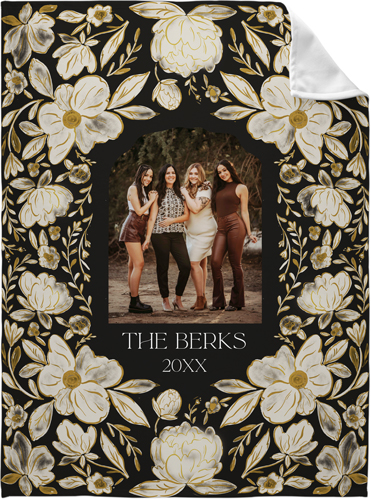 Dark Floral Frame Fleece Photo Blanket, Fleece, 60x80, Black, black