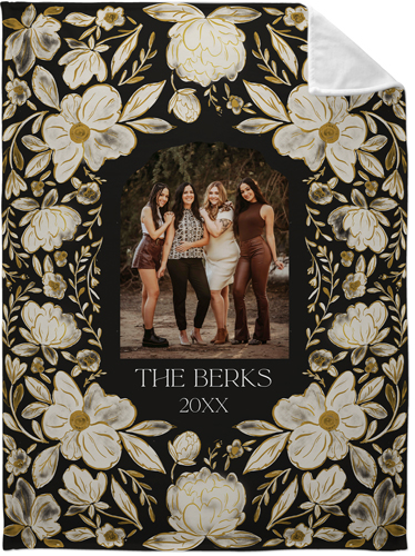 Dark Floral Frame Fleece Photo Blanket, Plush Fleece, 60x80, Black