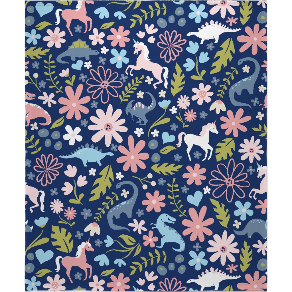 Dinosaurs and Unicorns - Dark Blue Blanket, Fleece, 50x60, Multicolor