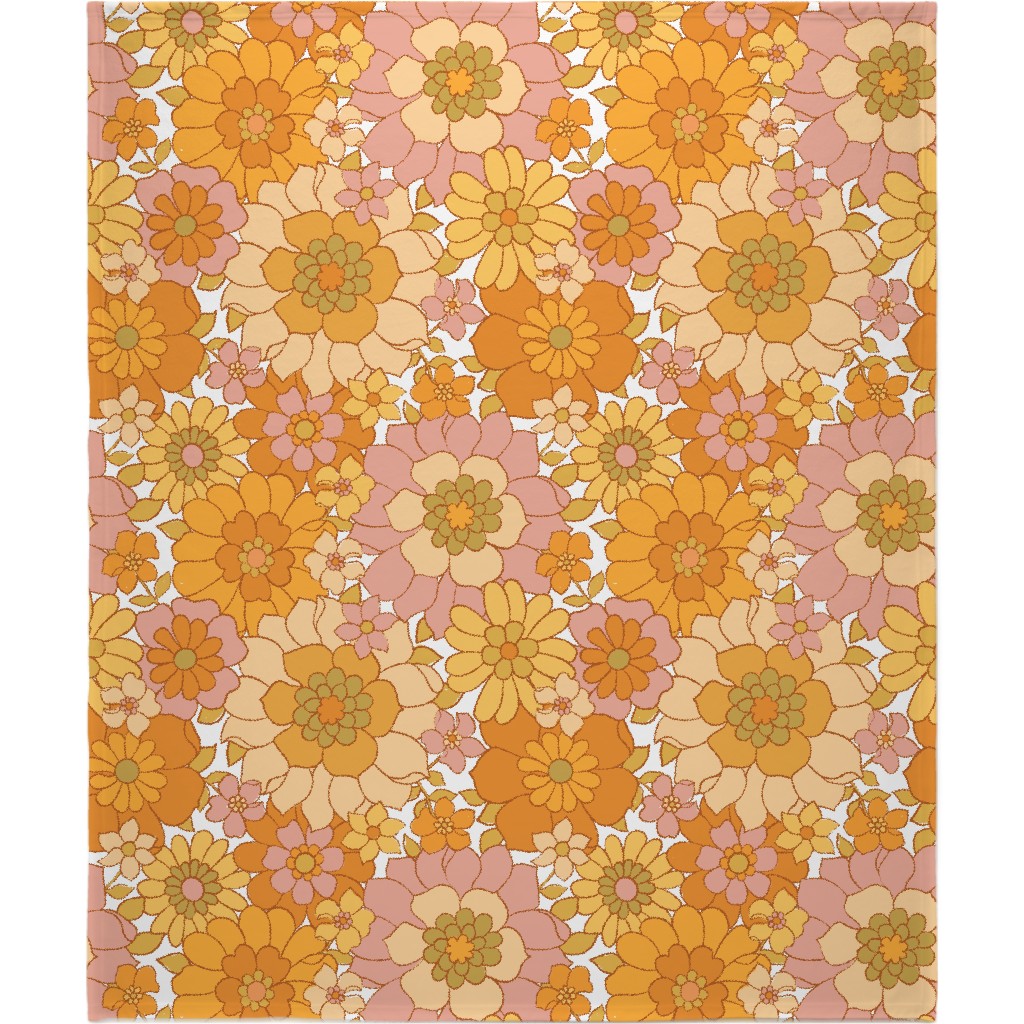 Avery Retro Floral - Orange on White Blanket, Fleece, 50x60, Orange