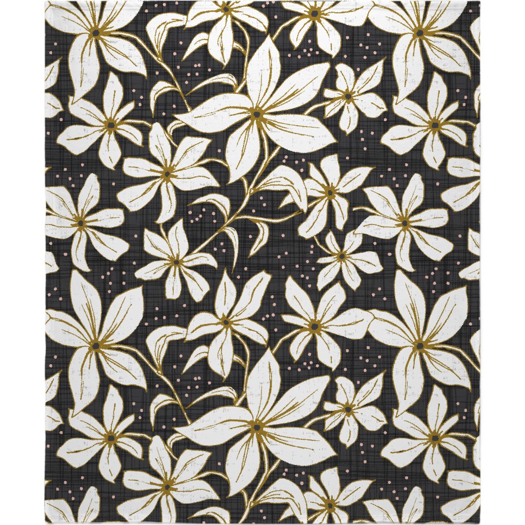 Lilium - Floral - Charcoal Black & White Blanket, Fleece, 50x60, Black