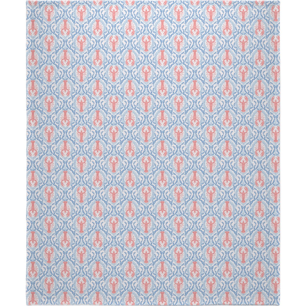 Lobster and Seaweed Nautical Damask - White, Coral Pink and Cornflower Blue Blanket, Fleece, 50x60, Blue