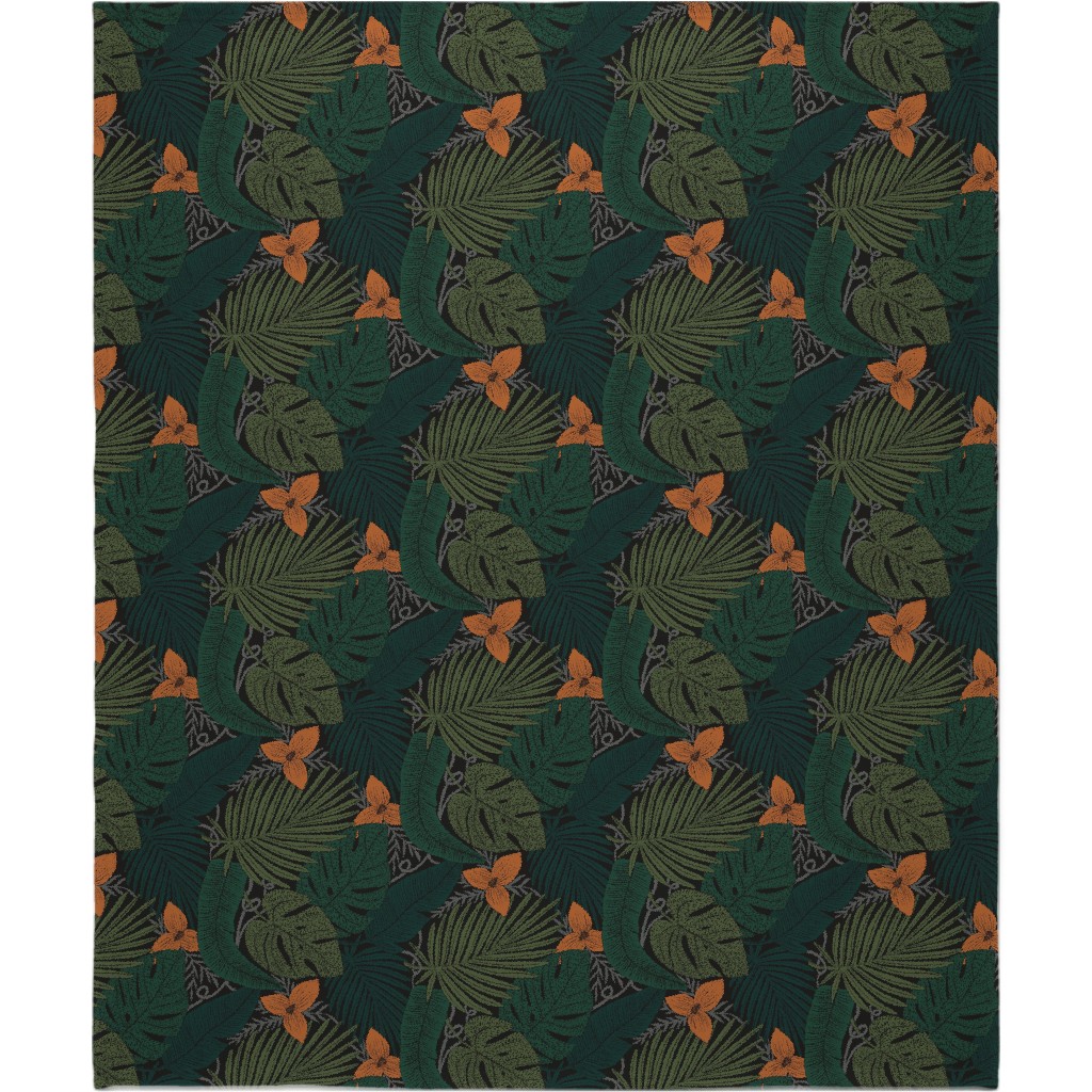 Moody Tropical Floral - Orange on Black Blanket, Fleece, 50x60, Green, Classic Green