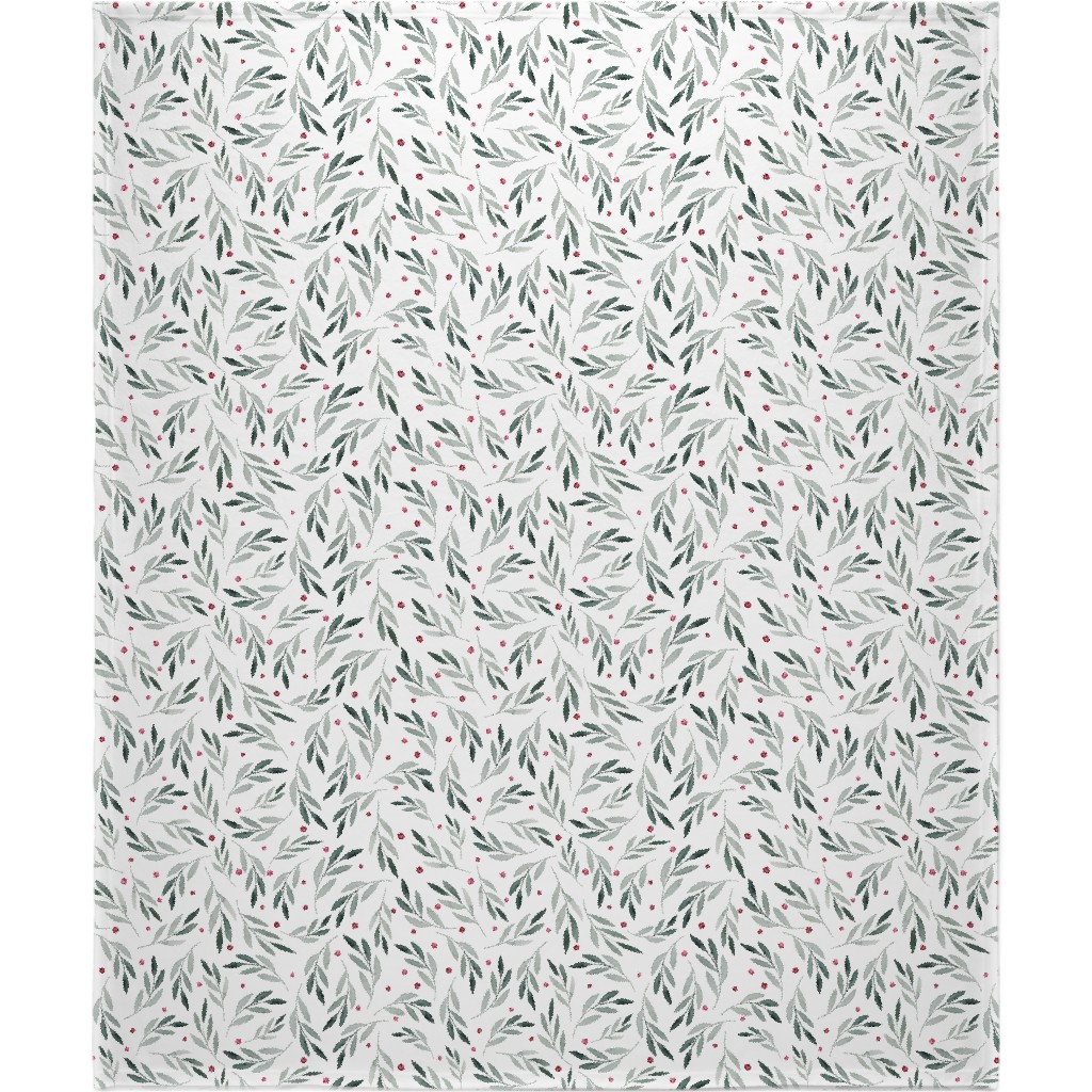 Festive Christmas Green Leaves & Red Berries Blanket, Fleece, 50x60, White, White