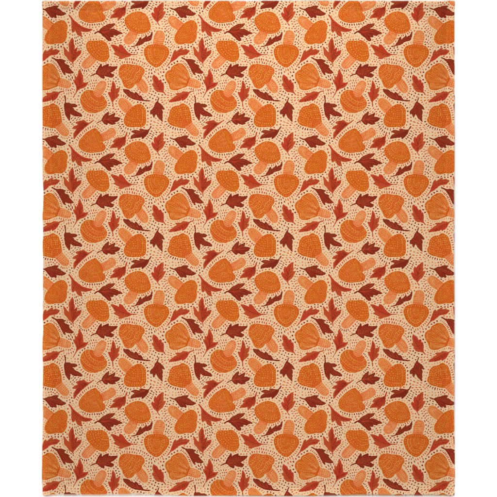 Autumn Mushrooms and Fallen Leaves Blanket, Fleece, 50x60, Orange, Orange