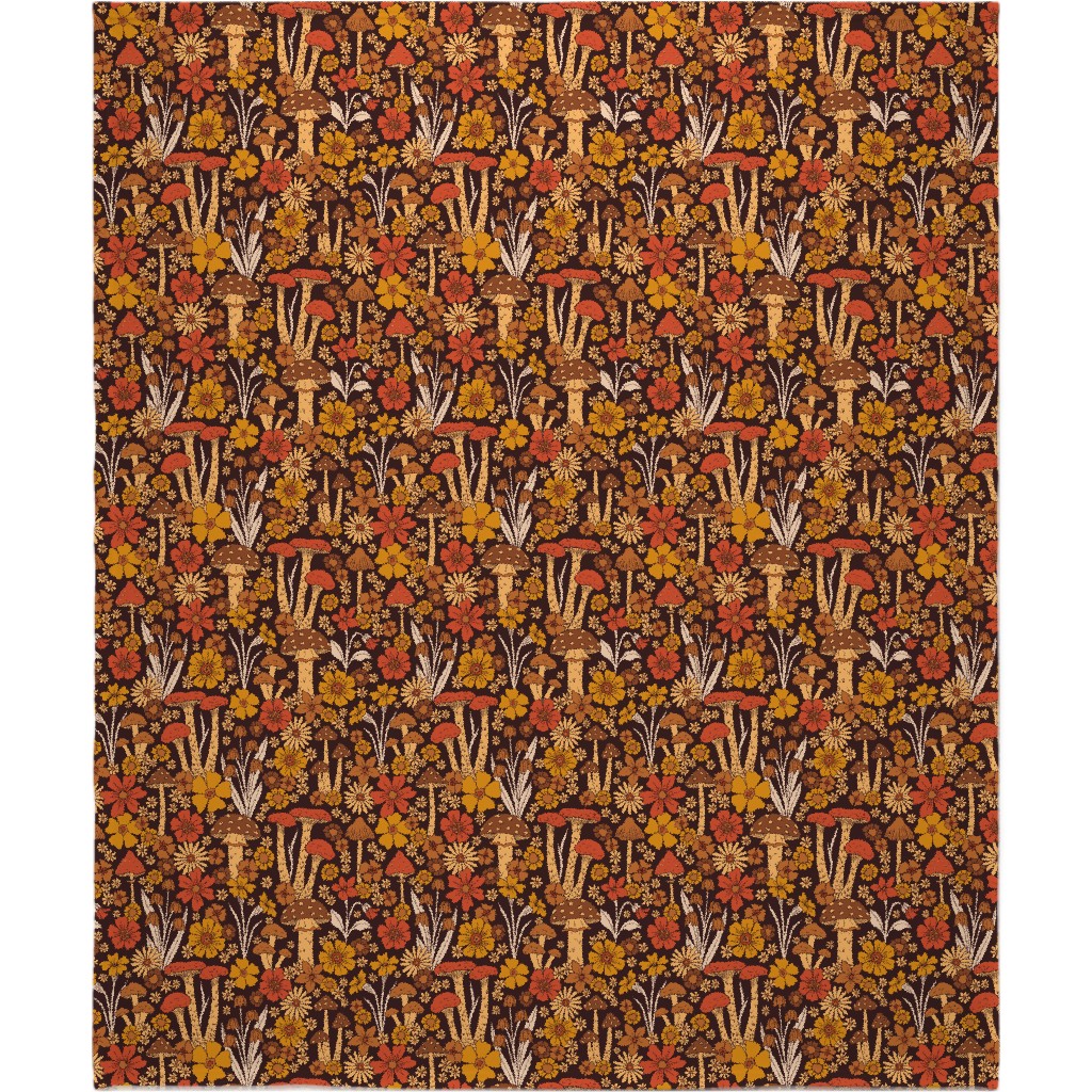 Retro 1970s Mushroom & Flowers - Brown and Orange Blanket, Fleece, 50x60, Orange, Orange