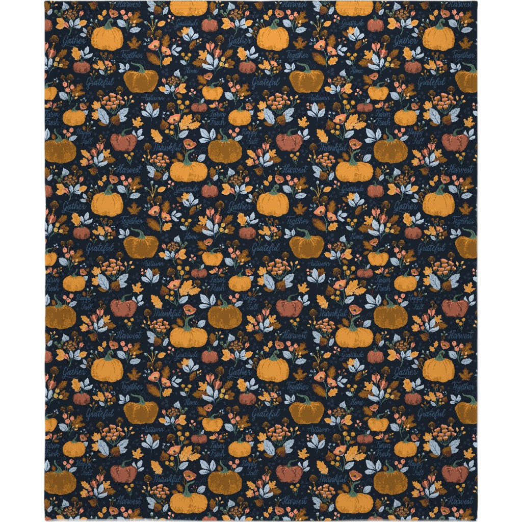 Elegant Fall Floral Harvest - Navy Blanket, Fleece, 50x60, Orange