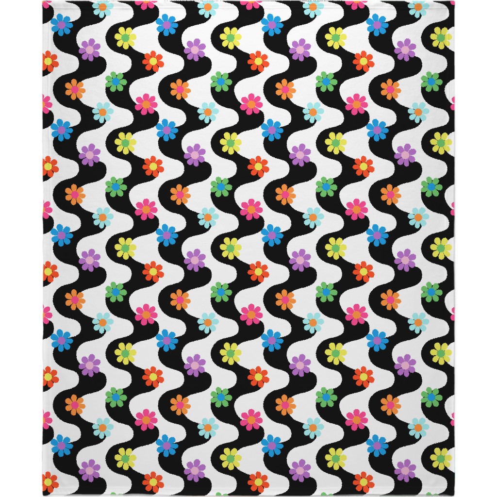 Groovy Daisy Rainbow Blanket, Fleece, 50x60, Multicolor, Black