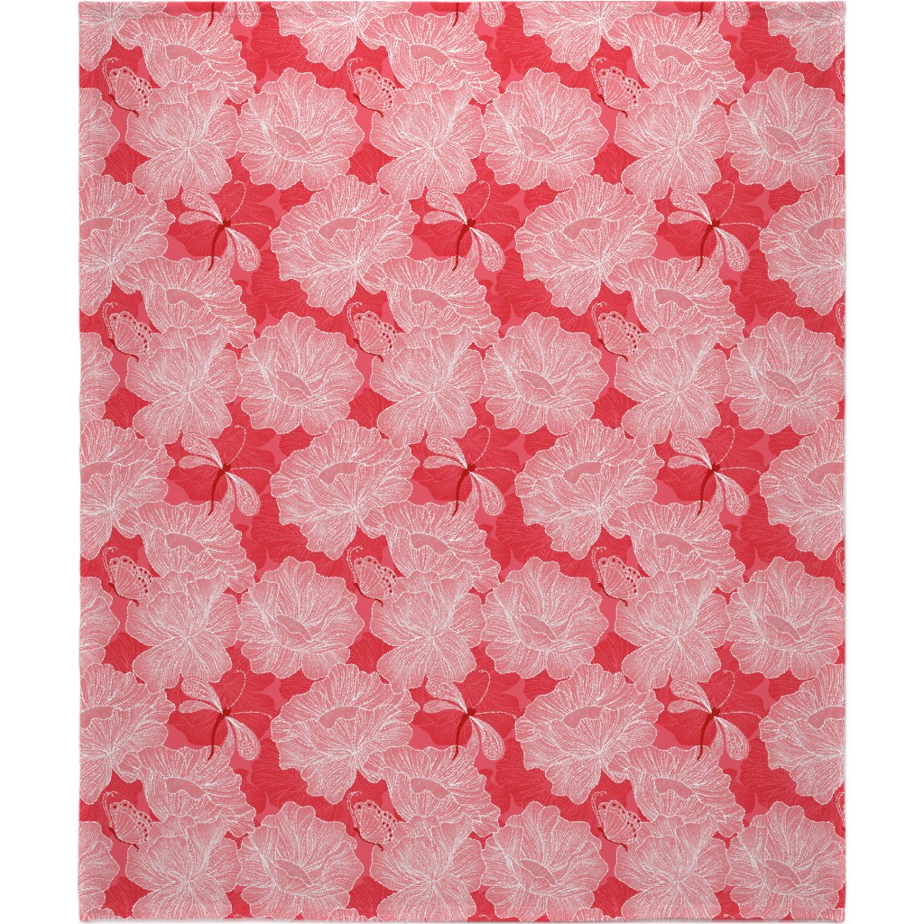 Floral & Butterflies on Scarlet Blanket, Fleece, 50x60, Pink, Bright Pink