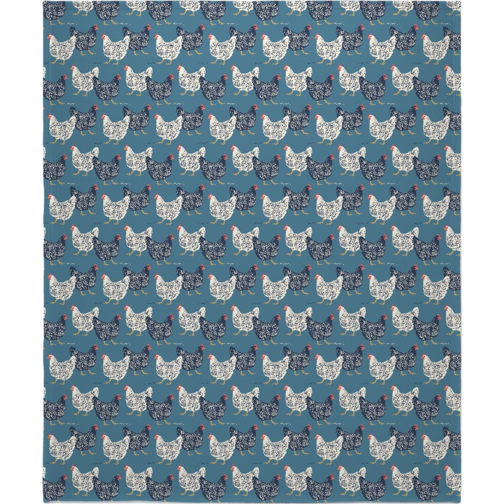 Farmhouse Chickens on Blue Blanket, Fleece, 50x60, Blue, True Blue