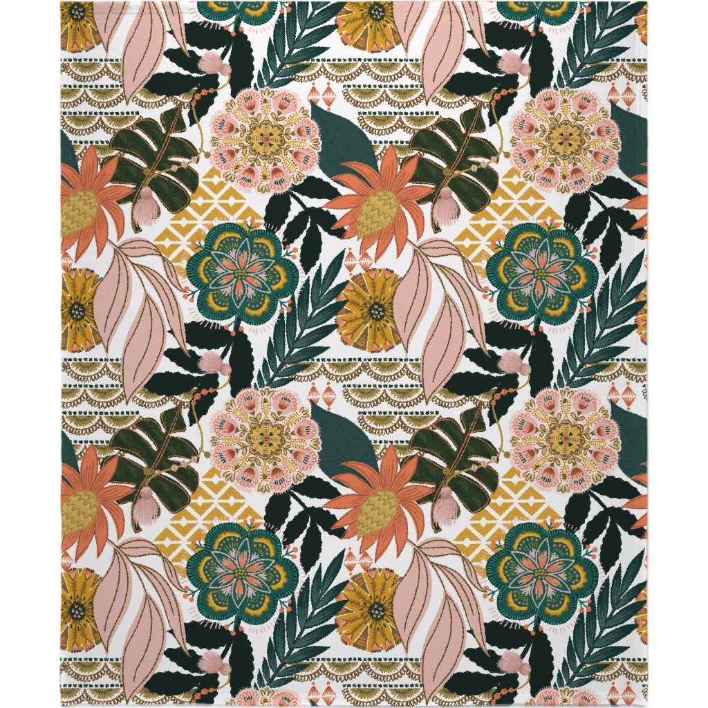 Boho Tropical Blanket, Fleece, 50x60, Multicolor, White