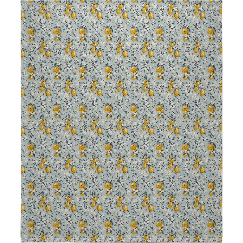 Bees, Blossoms & Lemons - Blue Blanket, Fleece, 50x60, Blue