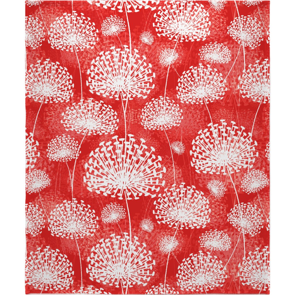 Dandelions - White on Red Blanket, Fleece, 50x60, Red