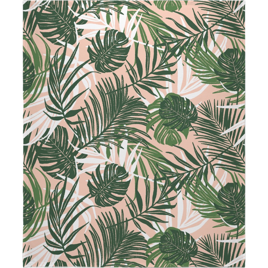 Hideaway Tropical Palm Leaves - Blush Pink Blanket, Fleece, 50x60, Green