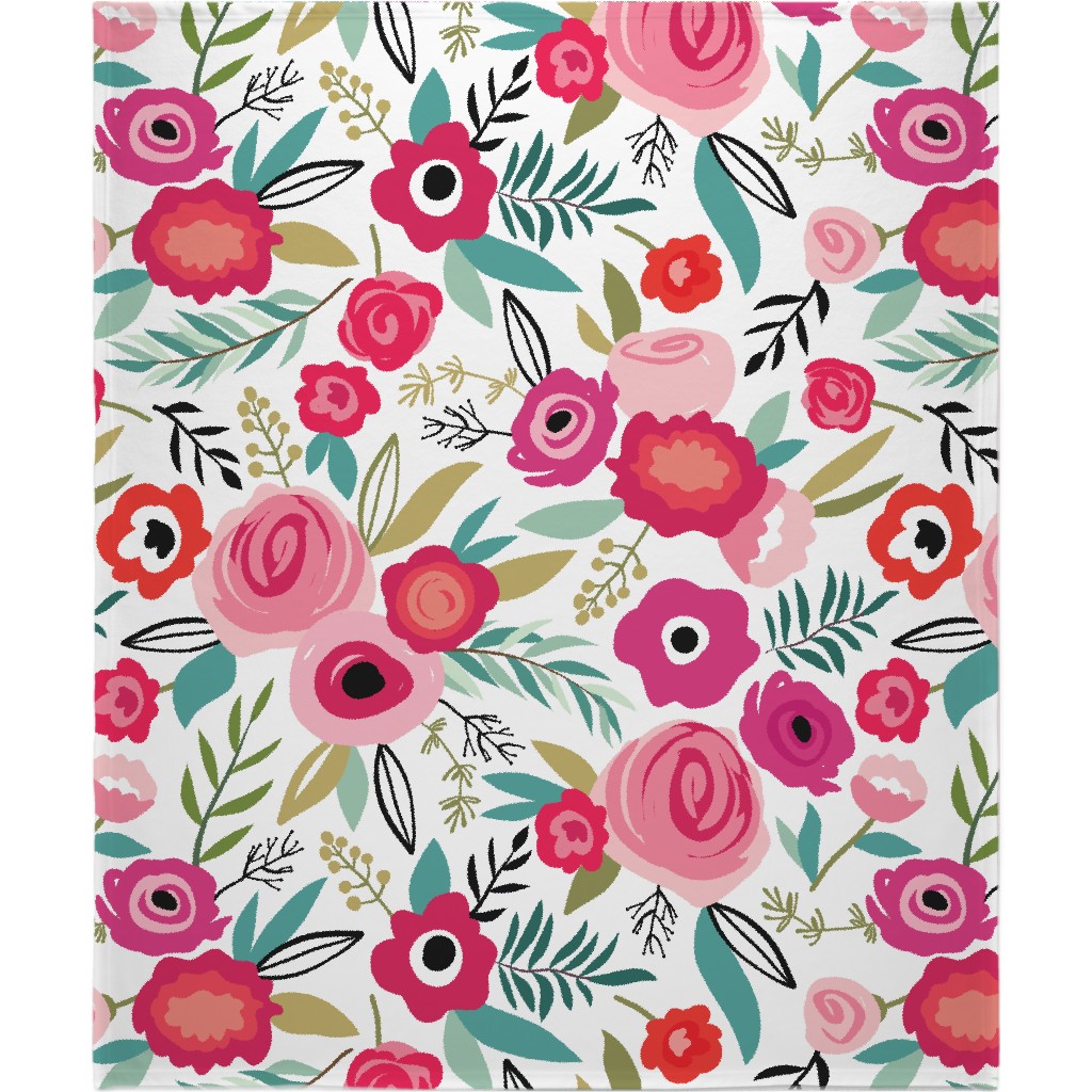 Maypole Floral - Pink on White Blanket, Plush Fleece, 50x60, Pink, Bright Pink